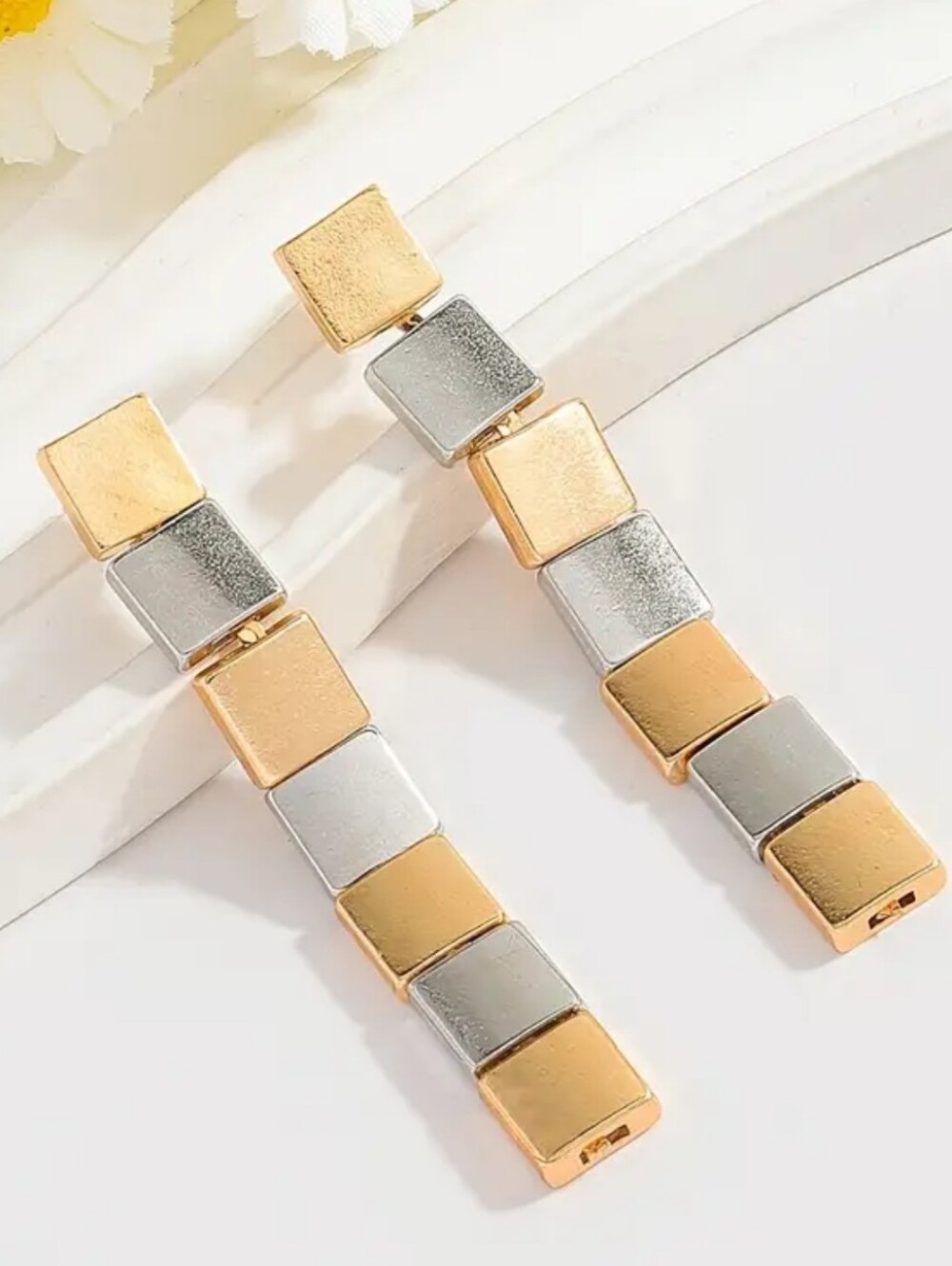Minimalist Mixed Metal Cube Geometric Dangle Earrings; 2.23" Long; NWOT